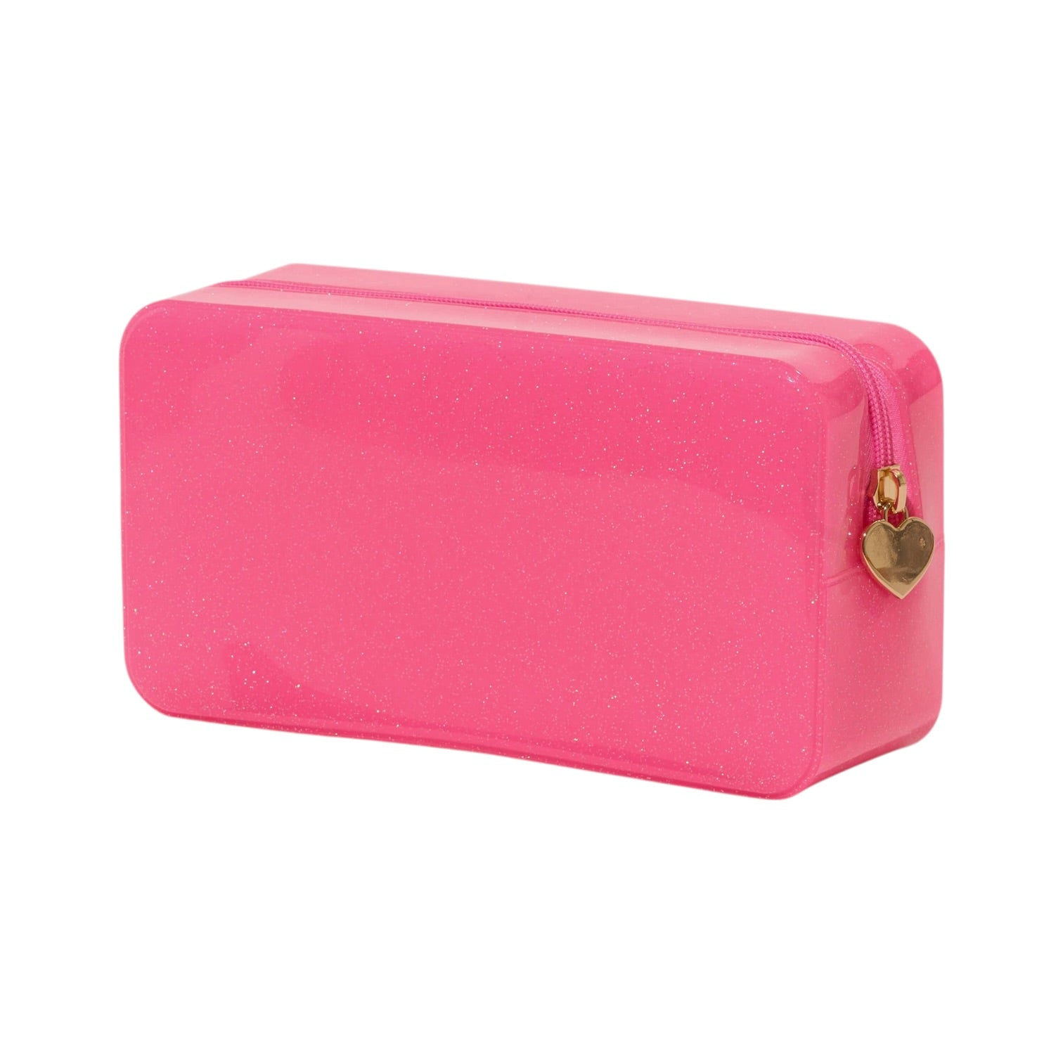 Pink rectangular pouch with a gold heart-shaped zipper pull on a white background