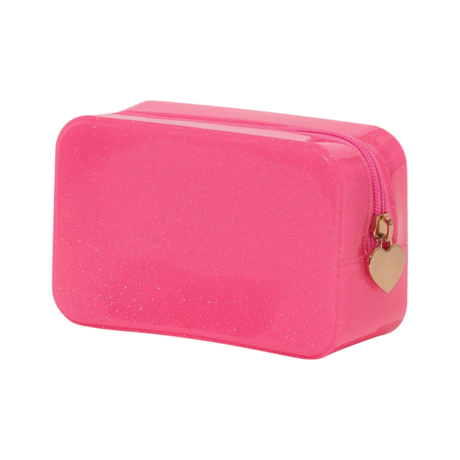 Pink glittery pouch with a gold heart-shaped tag on a white background