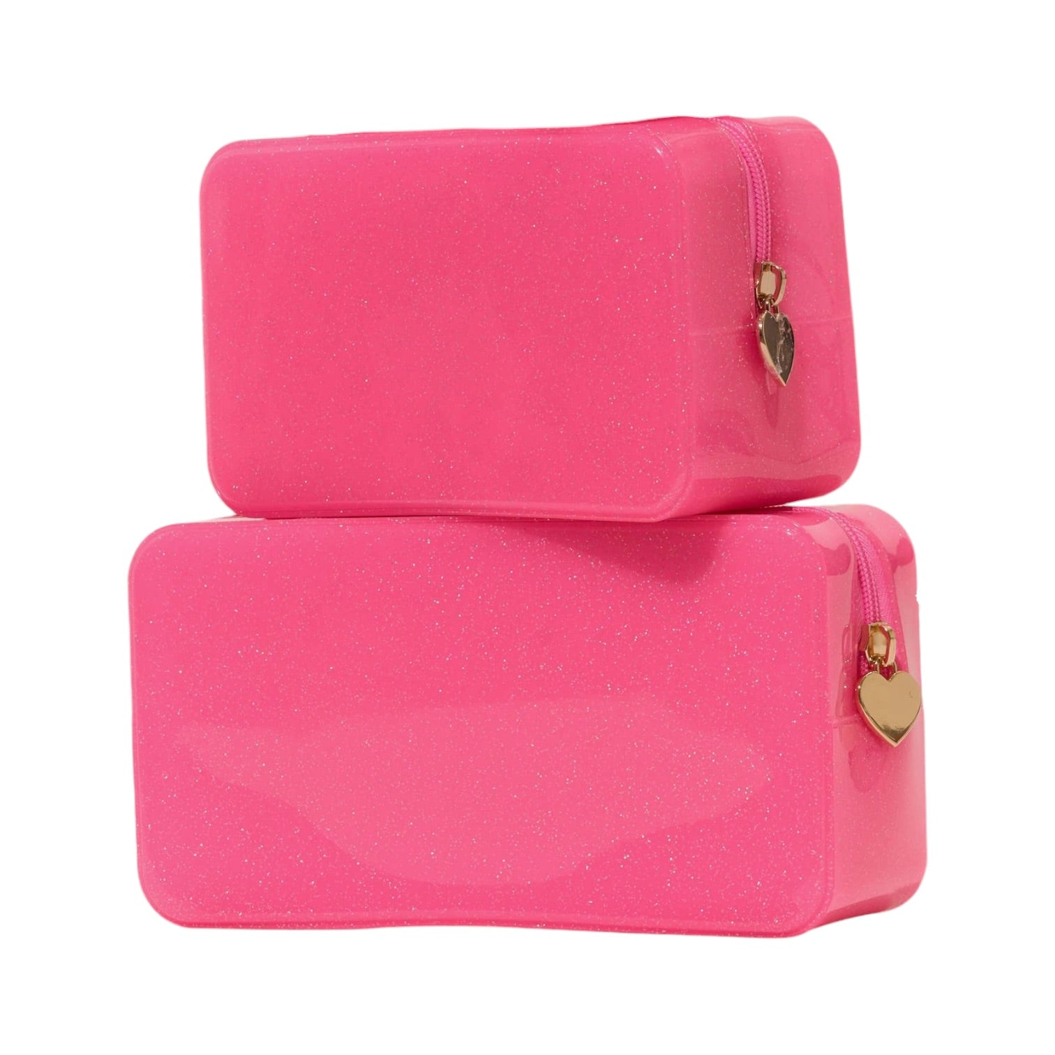 Two pink toiletry bags with gold zippers on a white background