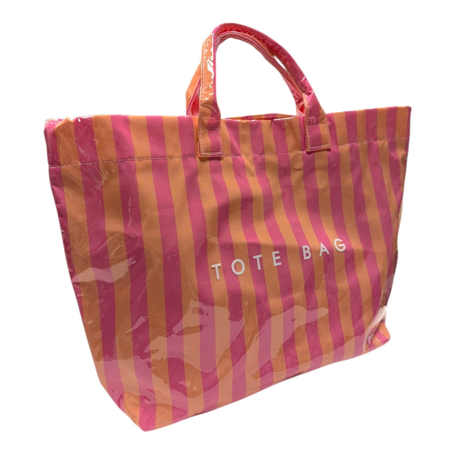 Striped tote bag with pink and orange vertical stripes on a white background