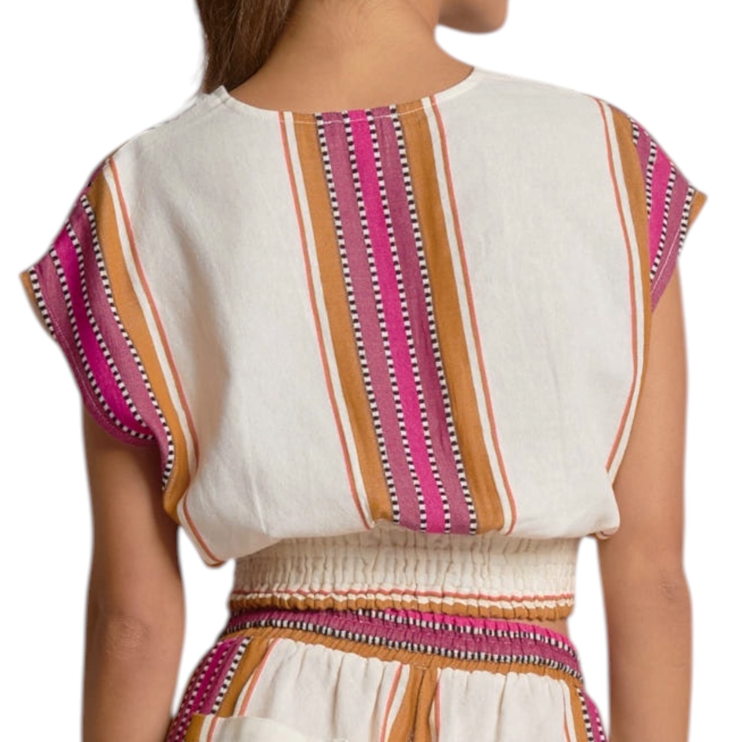White top with colorful striped pattern on a white background