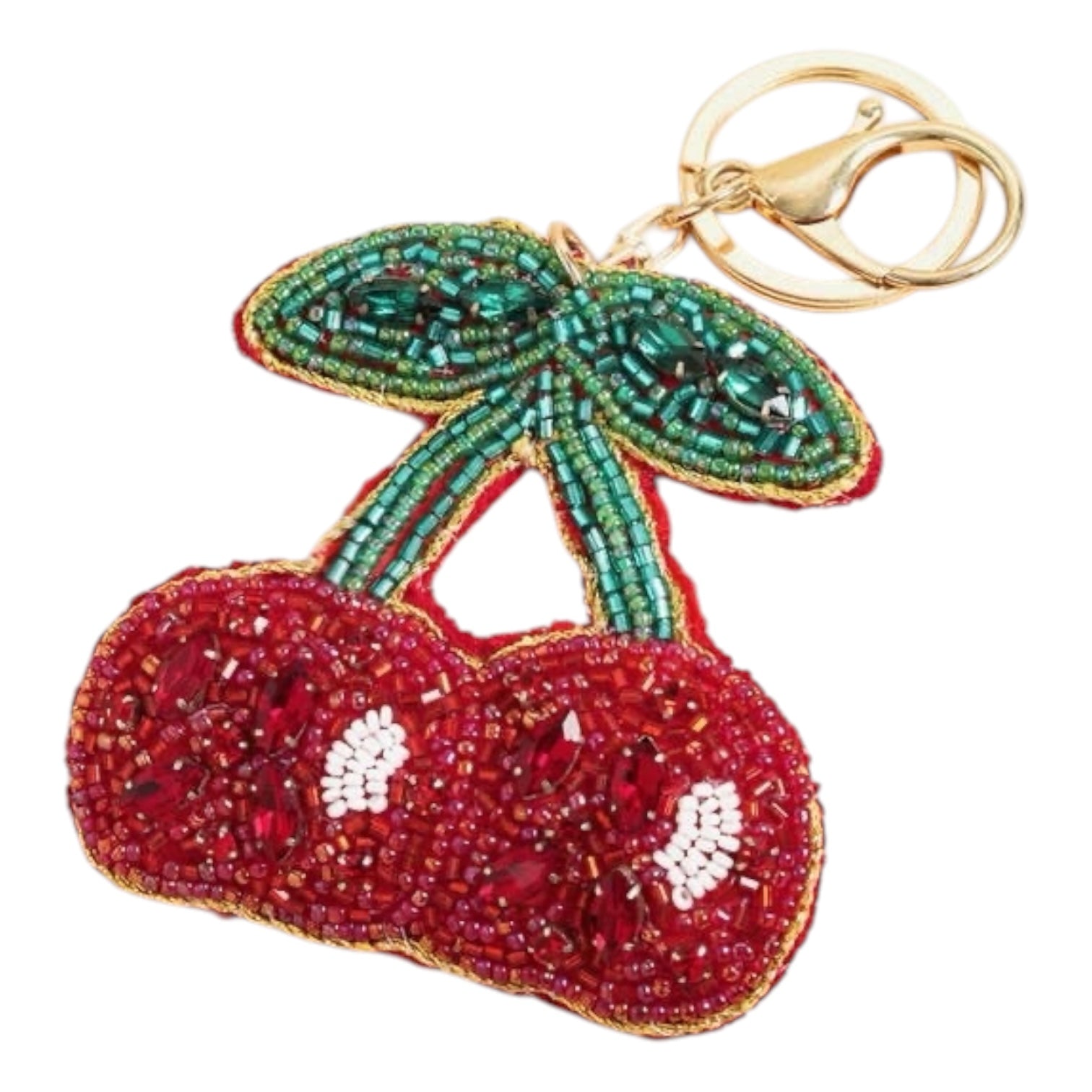 Beaded cherry keychain with gold clasp on a white background