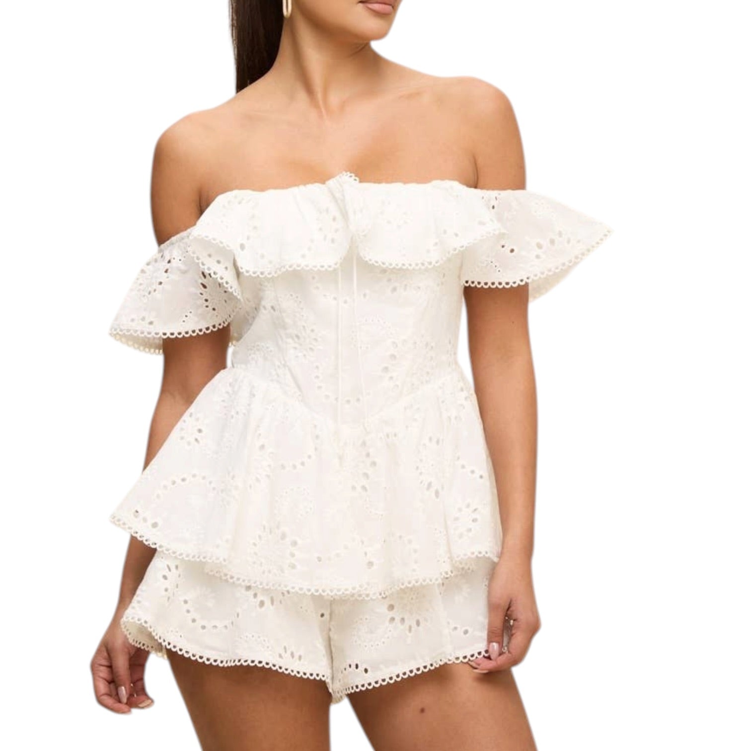 White off-shoulder romper a on a white background