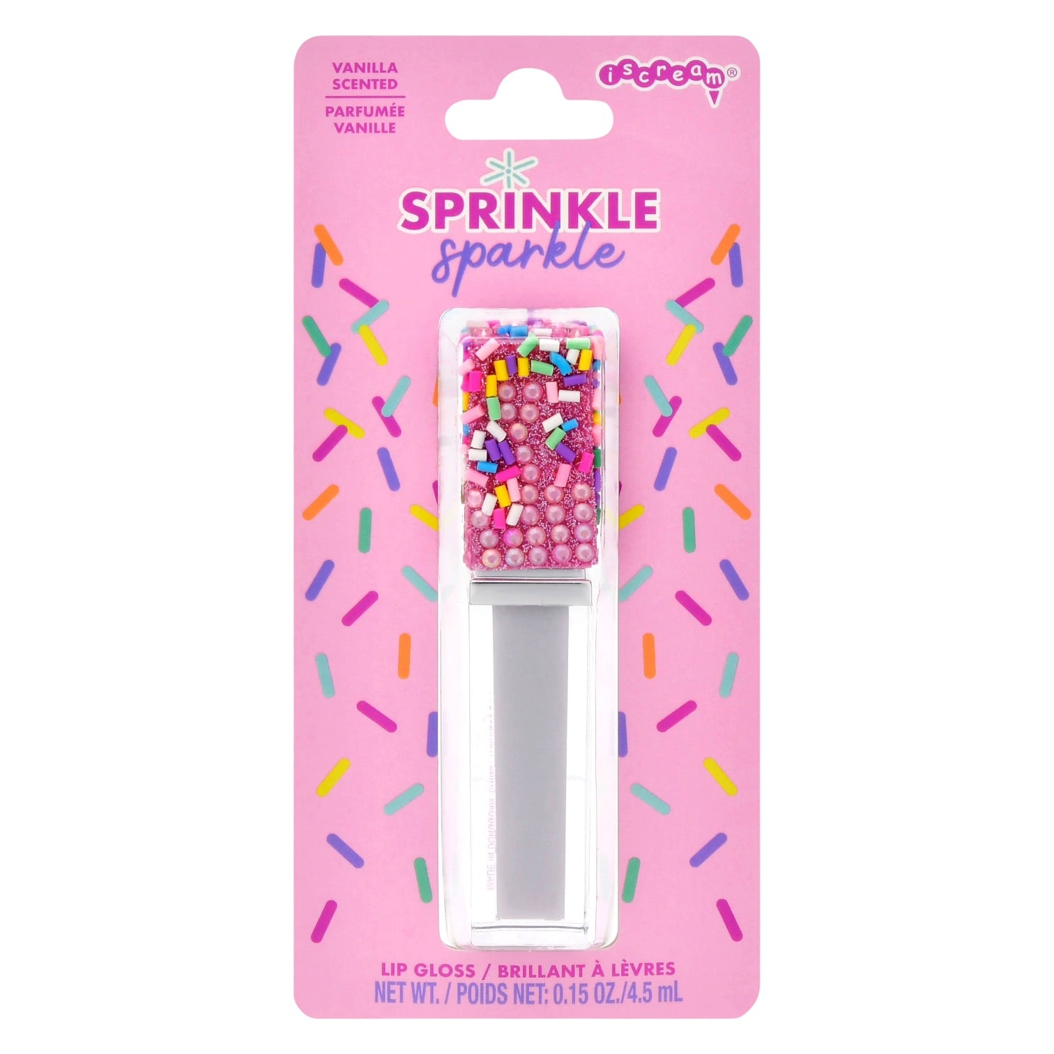 A packaged lip gloss bottle labeled 'Sprinkle sparkle' on a pink backing card. The gloss container is filled with pink rhinestones and small multicolored sprinkles, and the card includes the brand name Poppy's.