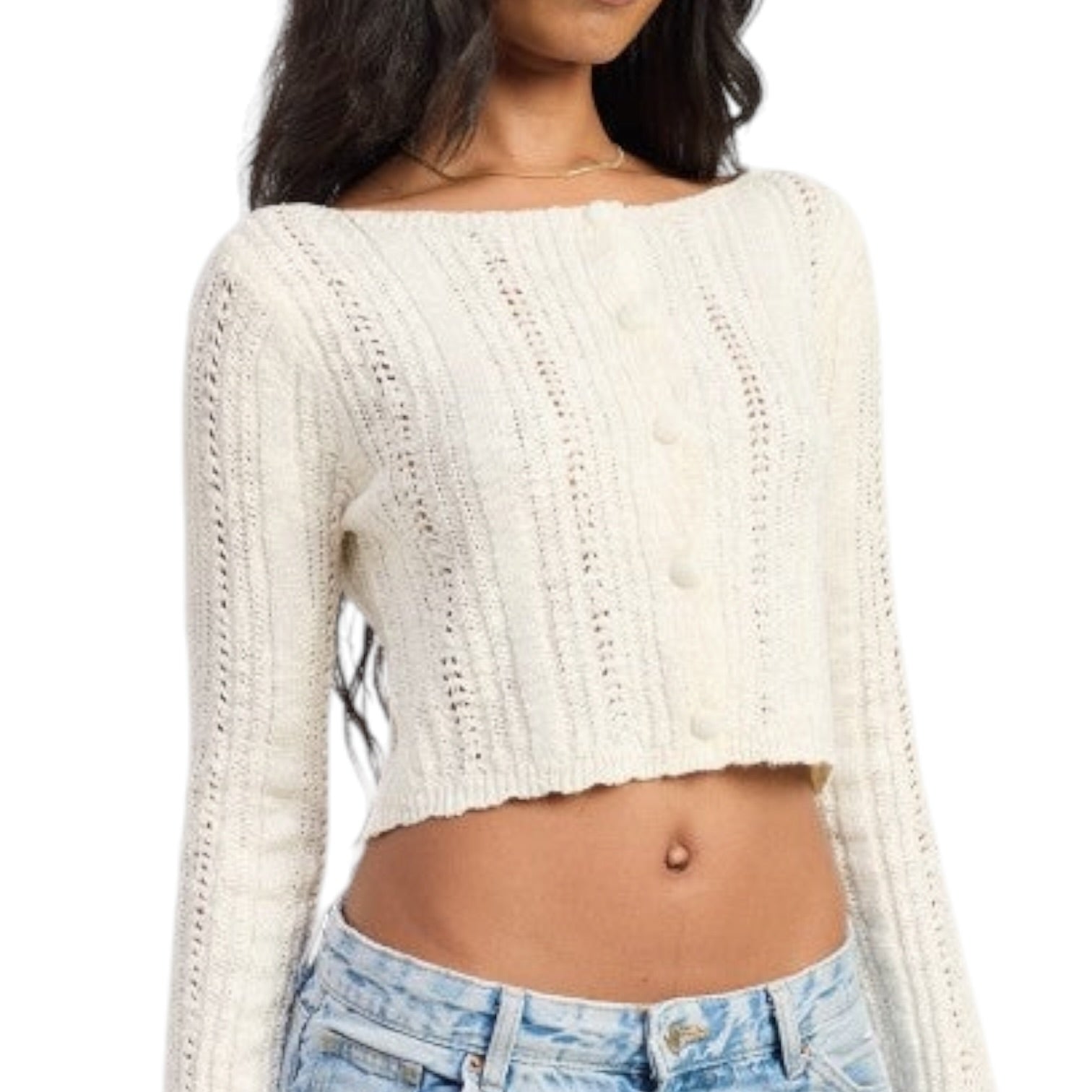 Woman wearing a white knitted sweater and denim shorts on a white background