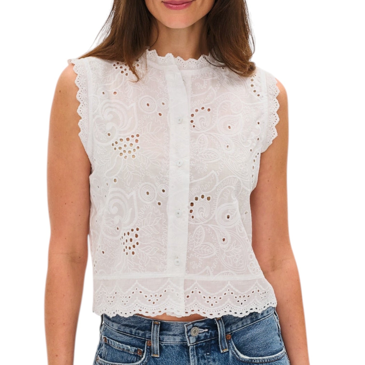 White lace top worn by a person on a white background