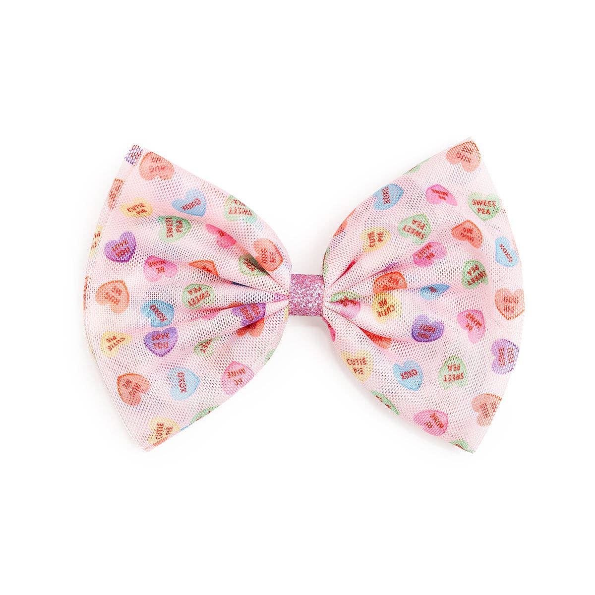 Large fabric bow with colorful heart patterns on a white background