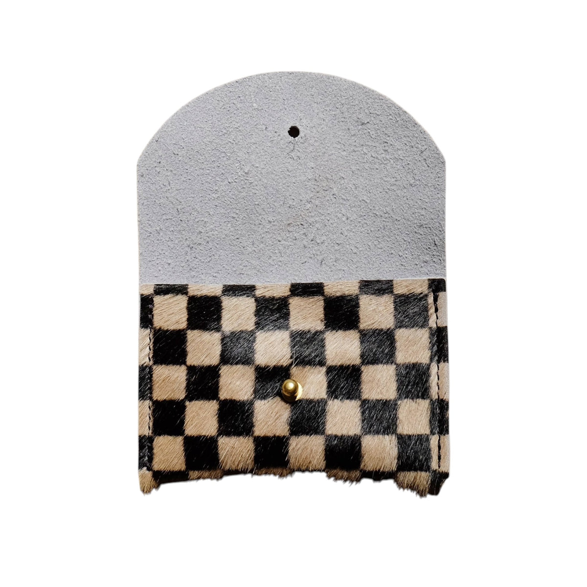 A small card holder with a split design: a light gray suede-like flap on top and a black and beige checkerboard patterned body below, secured by a small gold snap button, shown on a plain white background.