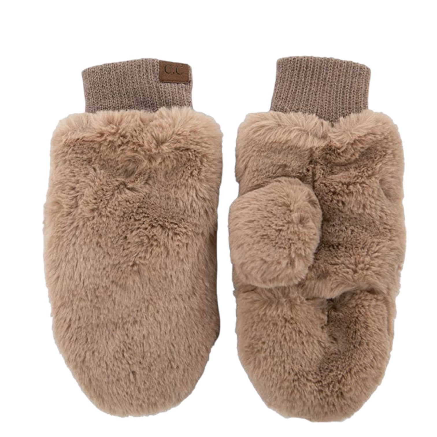 A pair of beige faux fur mittens with ribbed knit cuffs, displayed side-by-side against a plain white background.