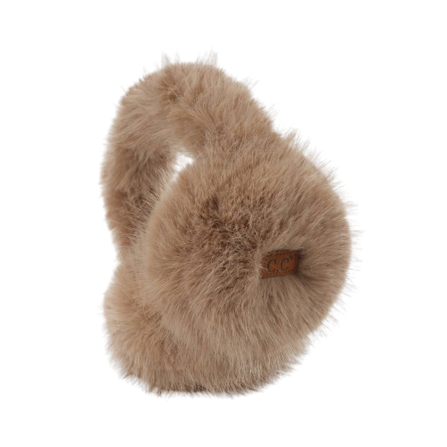 A pair of fluffy faux-fur ear muffs in a light taupe-brown color, featuring a small brown button closure on the side, set against a plain white background.