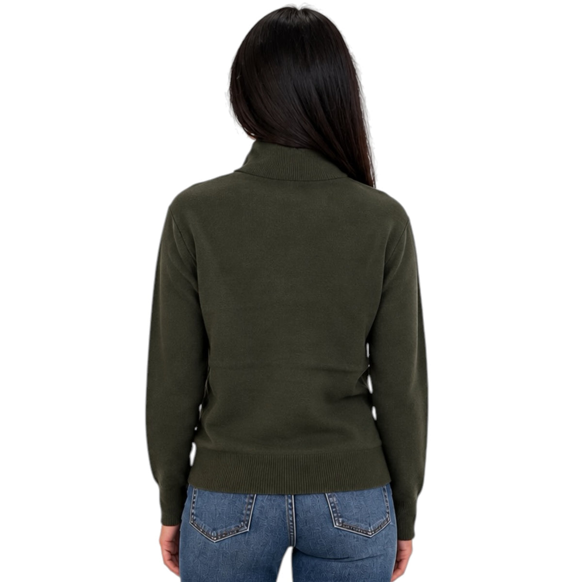A woman viewed from the back wearing an olive green mock neck sweater and blue jeans against a plain white background.