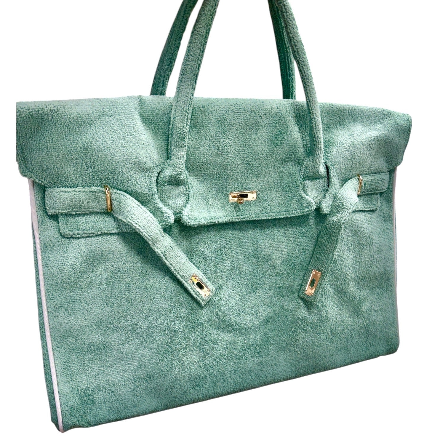 Green textured handbag with gold accents on a white background