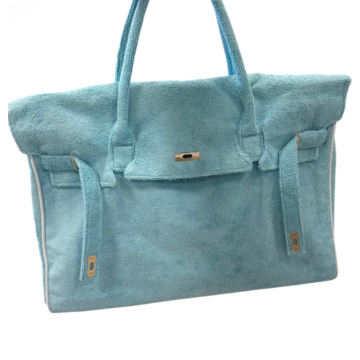 Light blue textured tote bag with straps on a white background