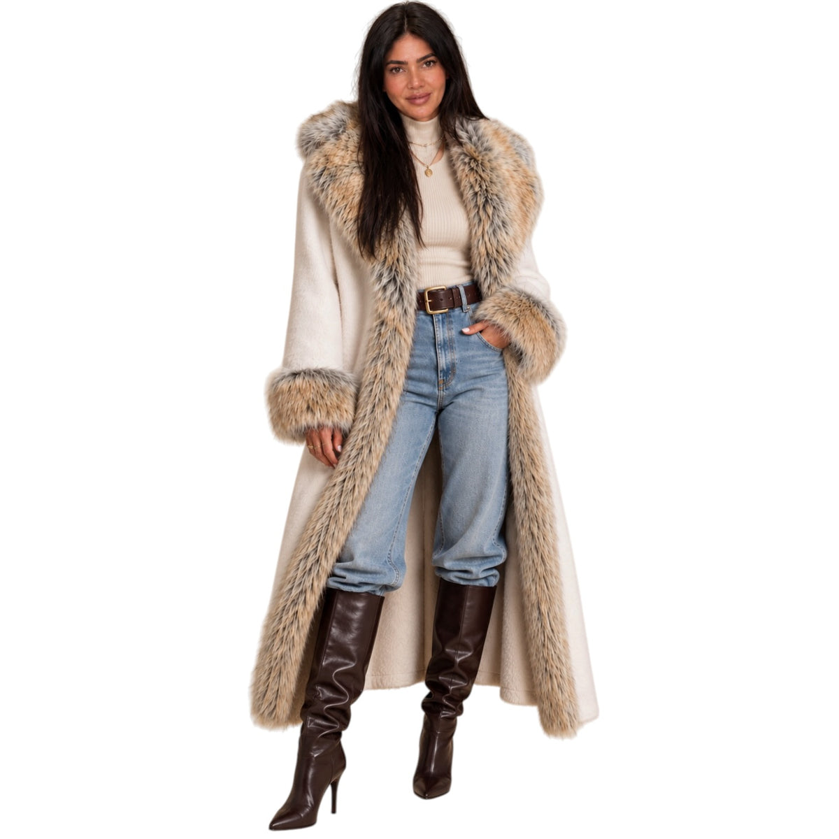 A woman modeling a long cream-colored faux fur coat with a large beige and brown faux fur collar and cuffs, styled with light blue jeans, a cream turtleneck, and dark brown knee-high leather boots against a plain white background.