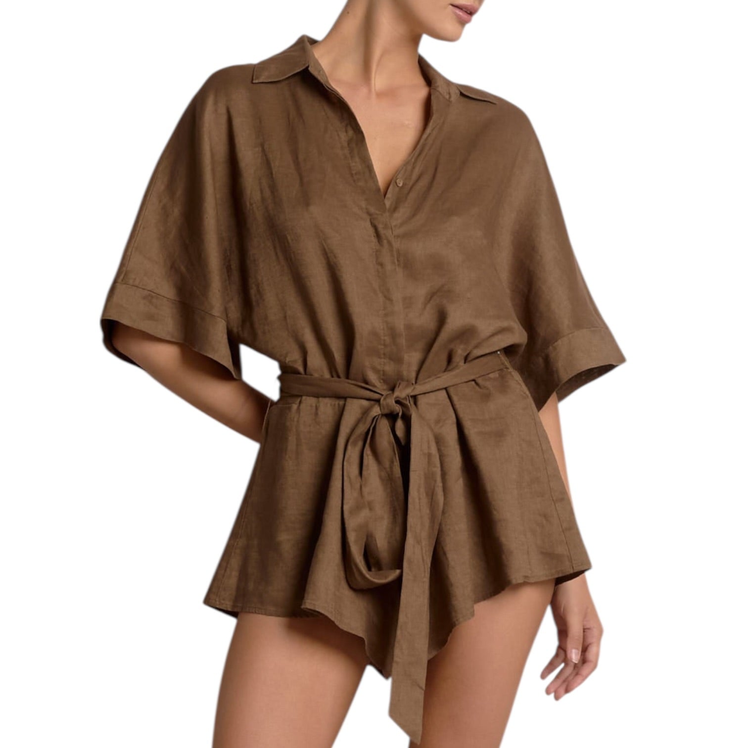 Brown romper worn by a model on a white background