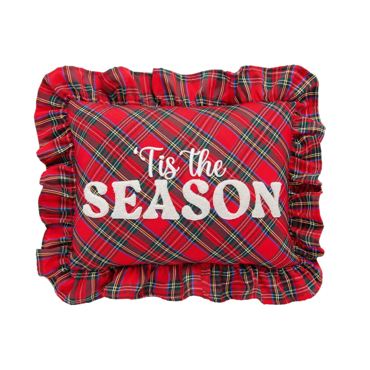 A square red plaid decorative pillow with a ruffled border, featuring the white embroidered text “'Tis the SEASON” on the front, set against a plain white background.