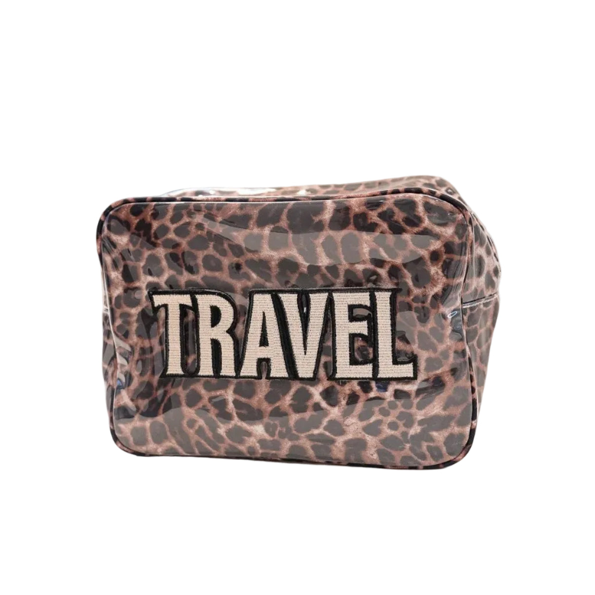 Leopard print travel pouch with 'TRAVEL' text on a white surface.
