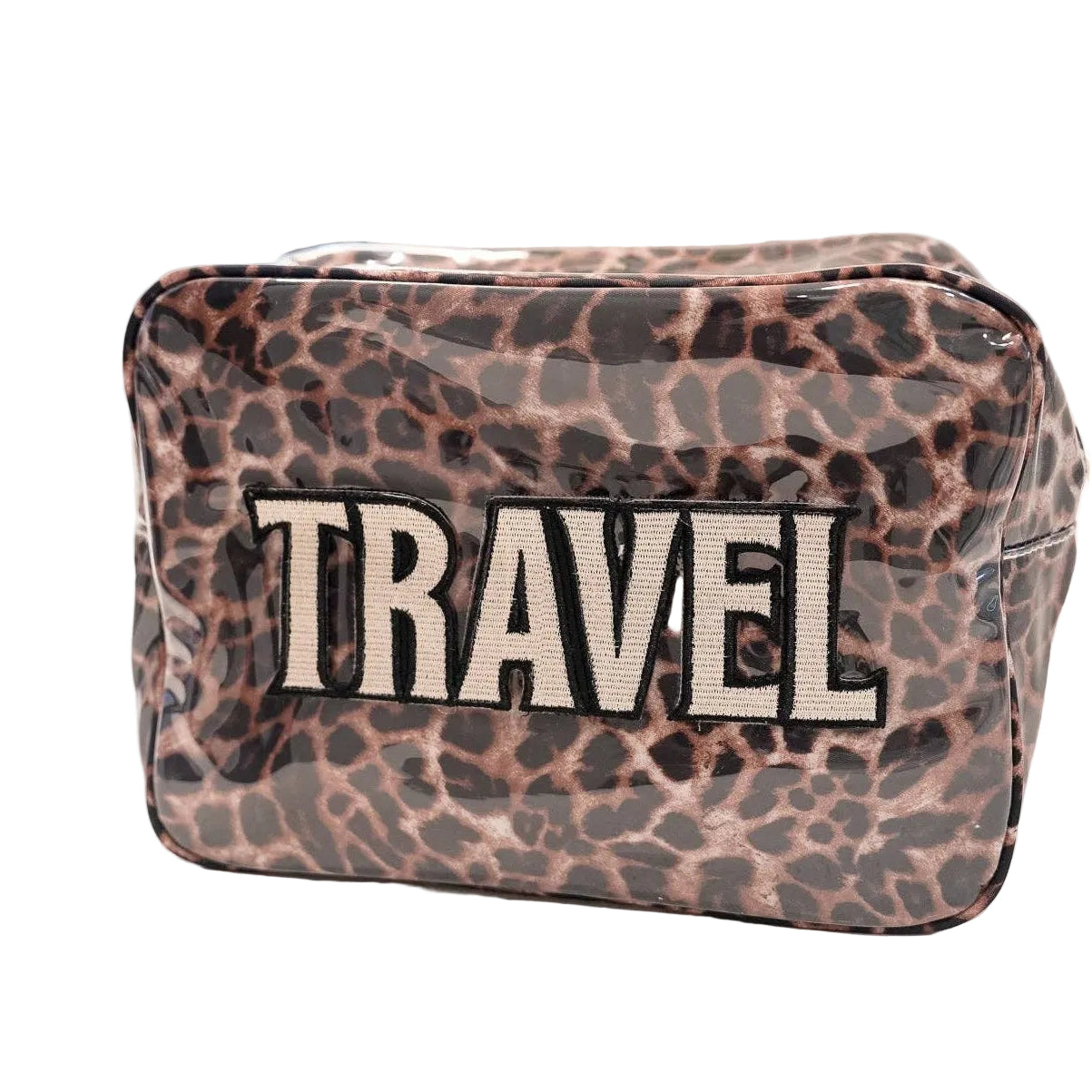Leopard print travel pouch with 'TRAVEL' text on a light background