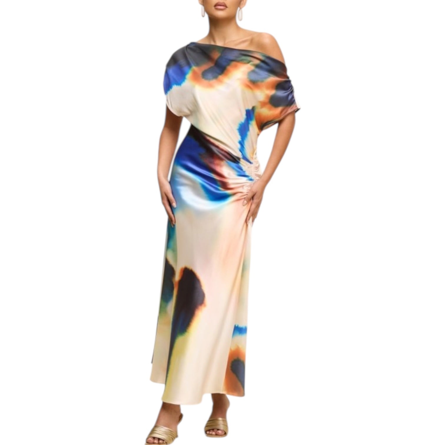 Woman wearing a colorful off-shoulder dress on a white background