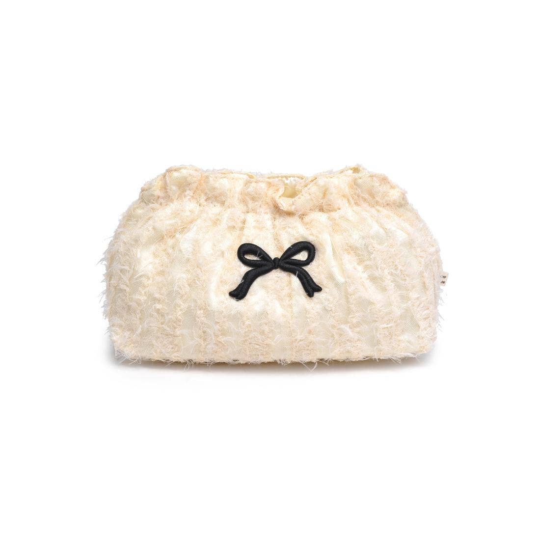 White fluffy pouch with a black bow on a white background