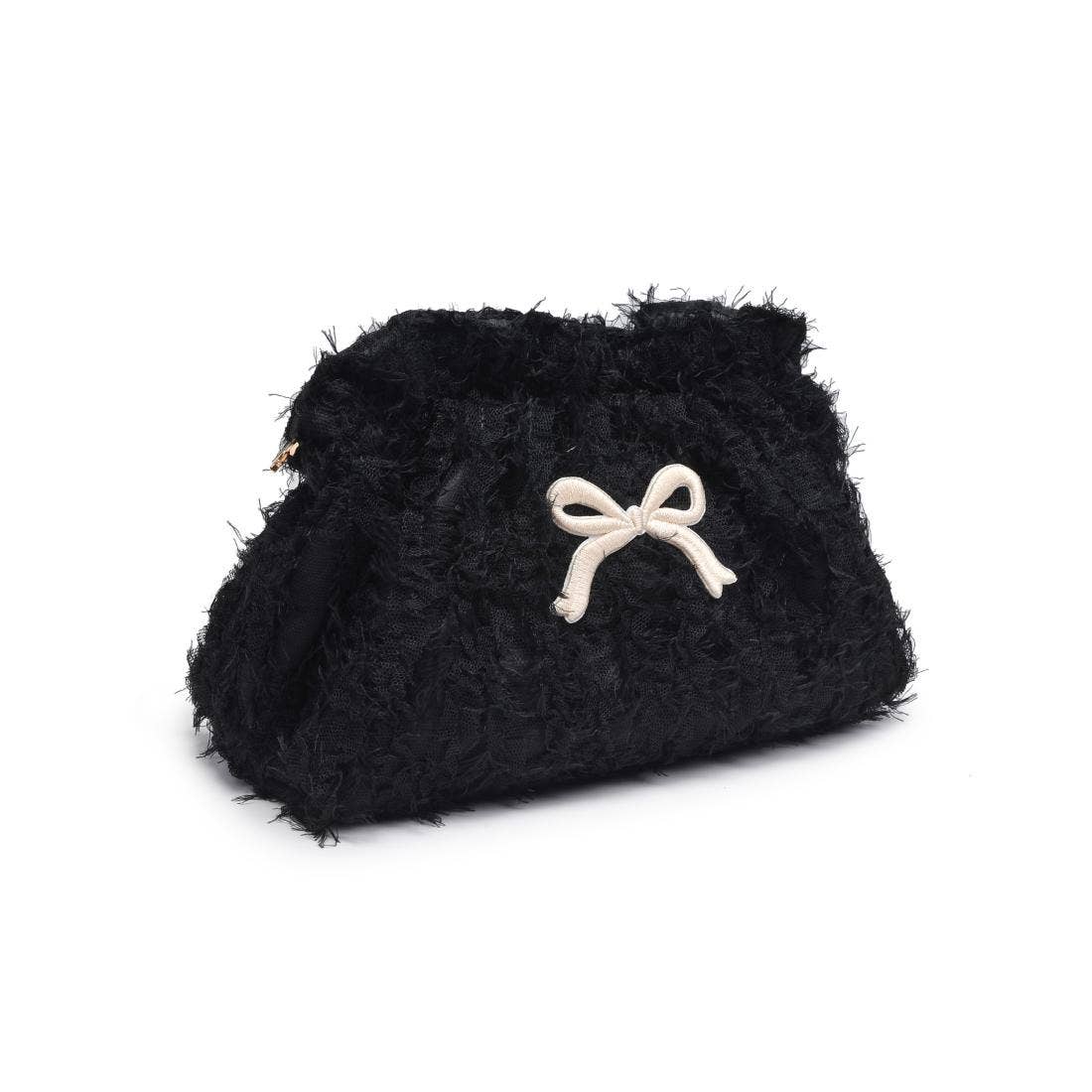Black fluffy pouch with a white bow on a white background