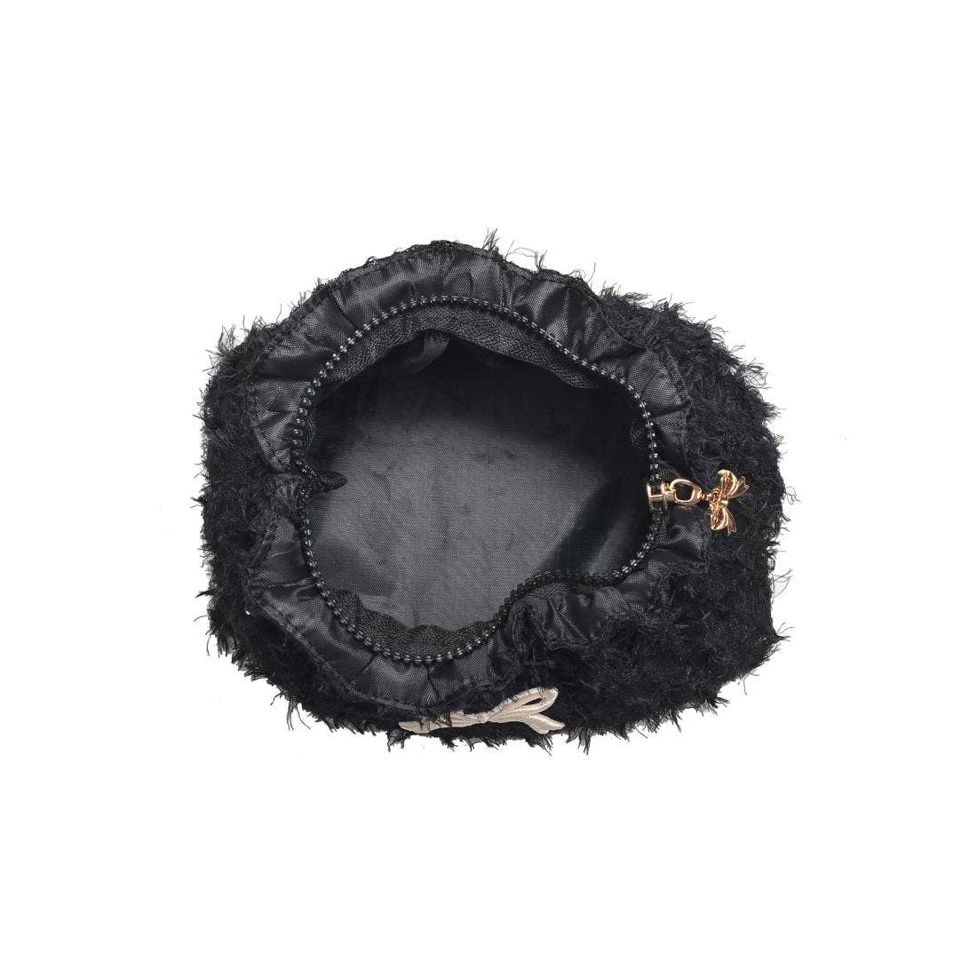 Black fur-trimmed pet bed with gold accent on a white background
