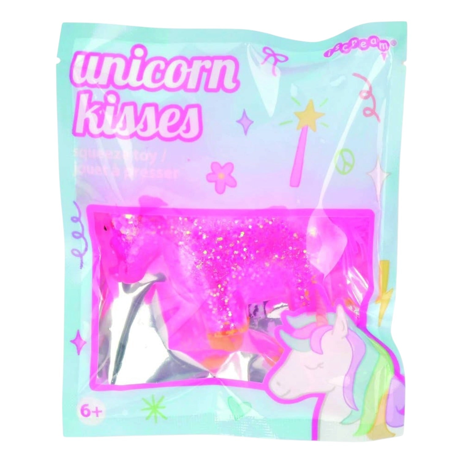 A packaged toy product labeled 'unicorn kisses' in a translucent pastel pouch with pink glitter and a unicorn illustration on a white background.
