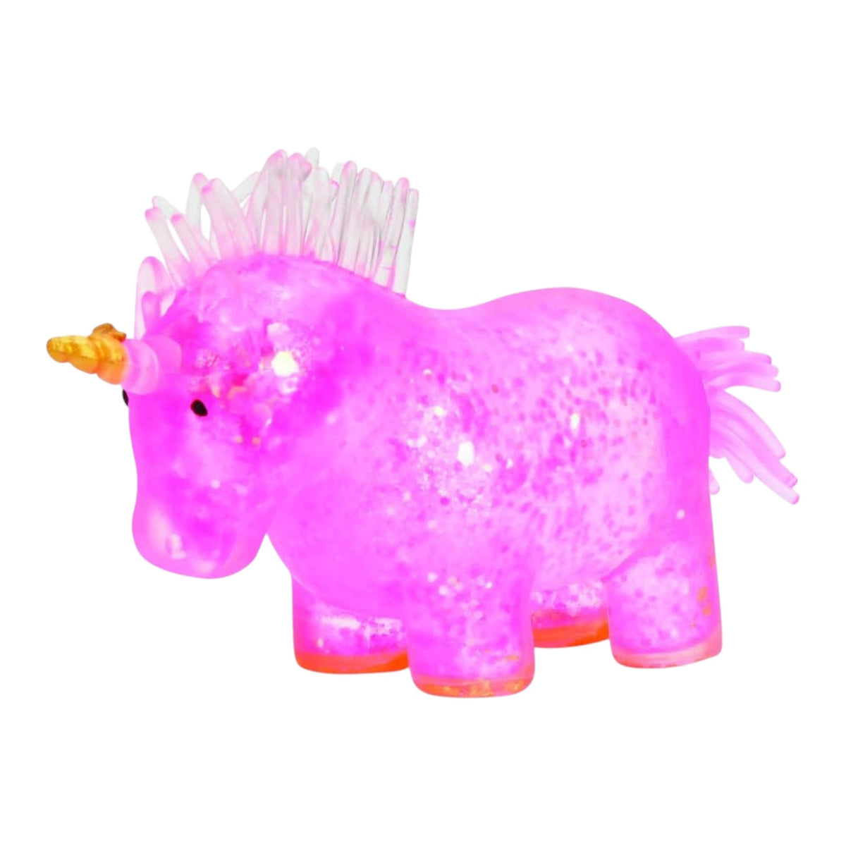 A glowing pink unicorn toy with a translucent body, glittery texture, and a small yellow horn, shown on a plain white background.