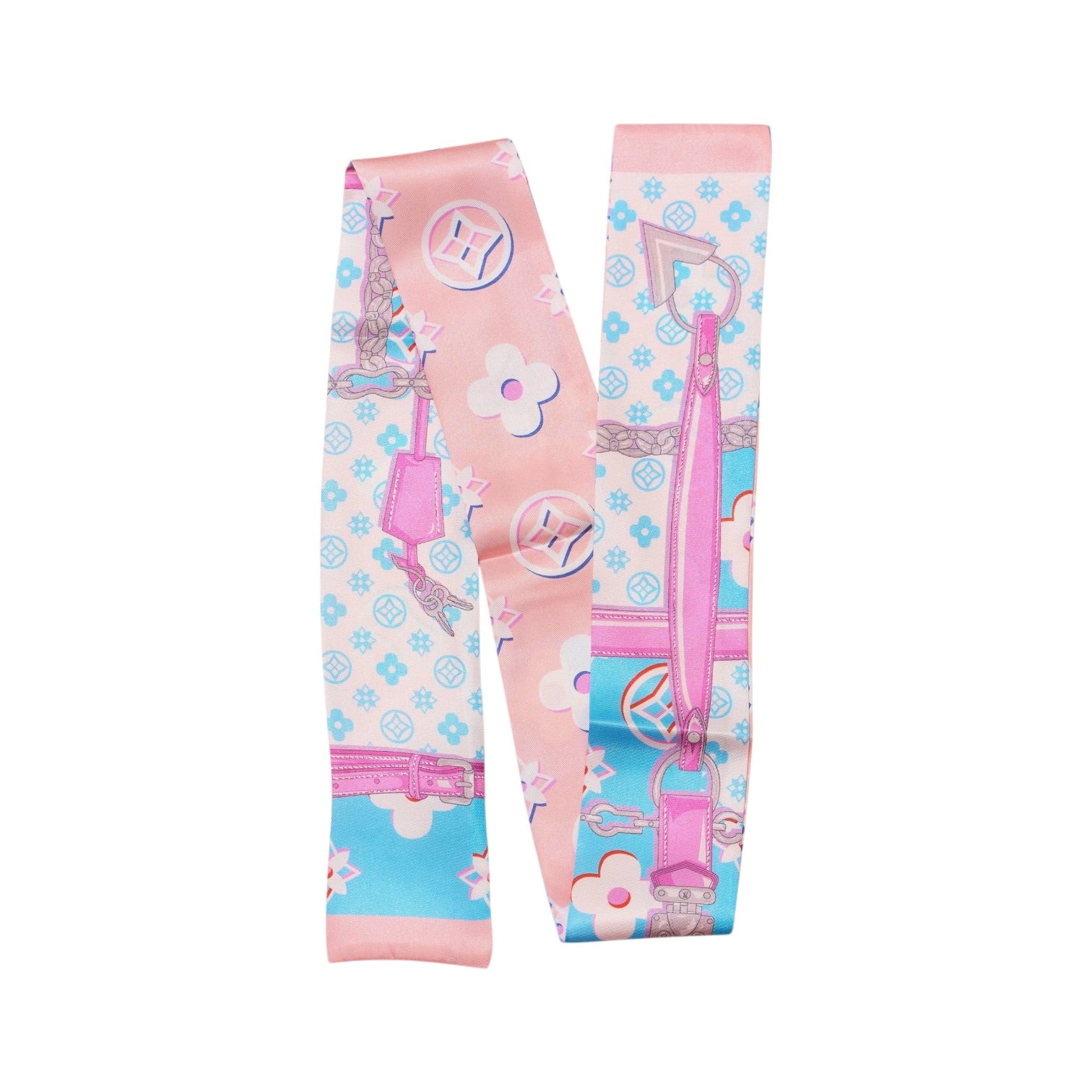 Pair of pink and blue patterned leggings on a white background