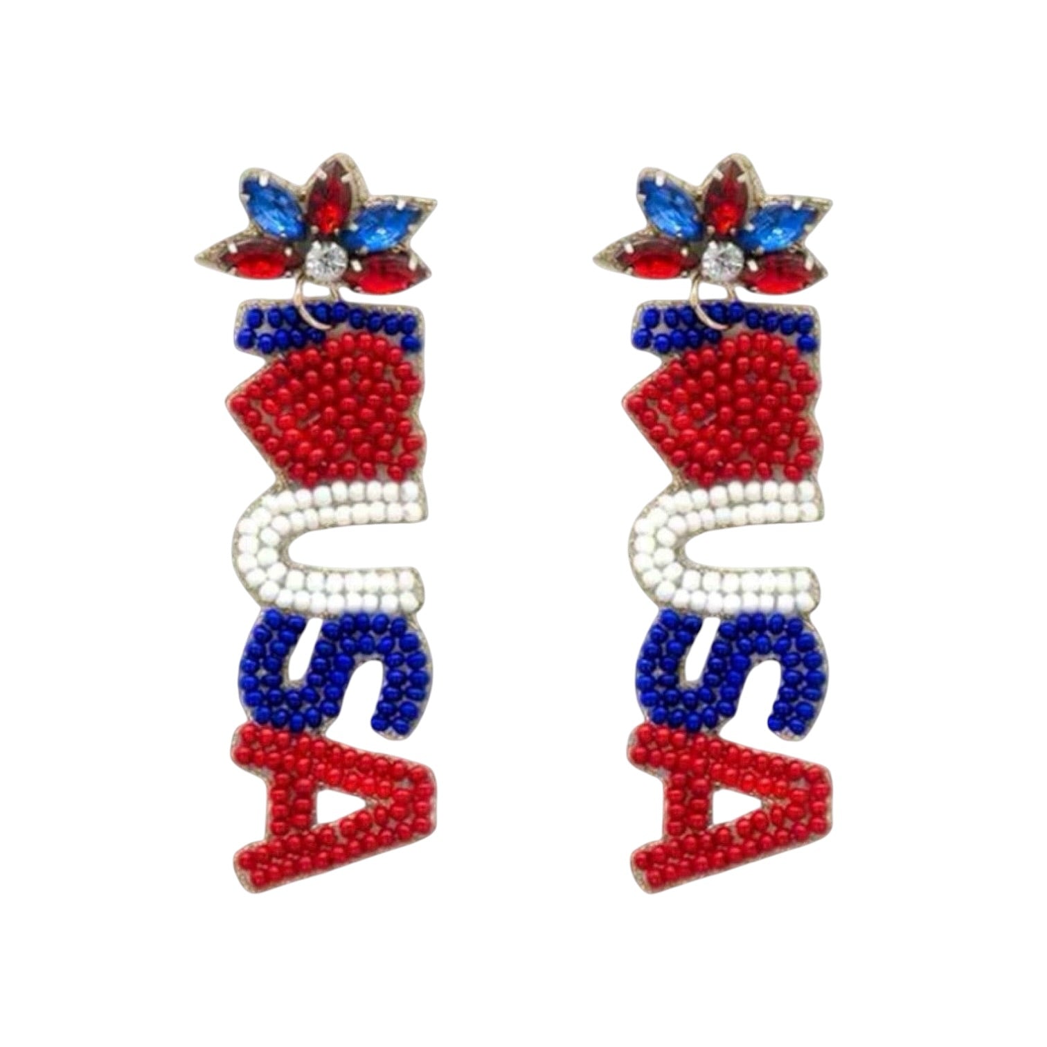 Pair of earrings with red, white, and blue design on a white background