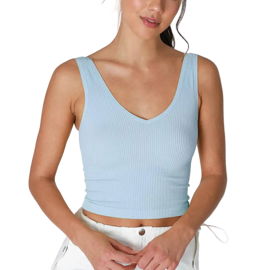 Light blue ribbed tank top worn by a person on a white background