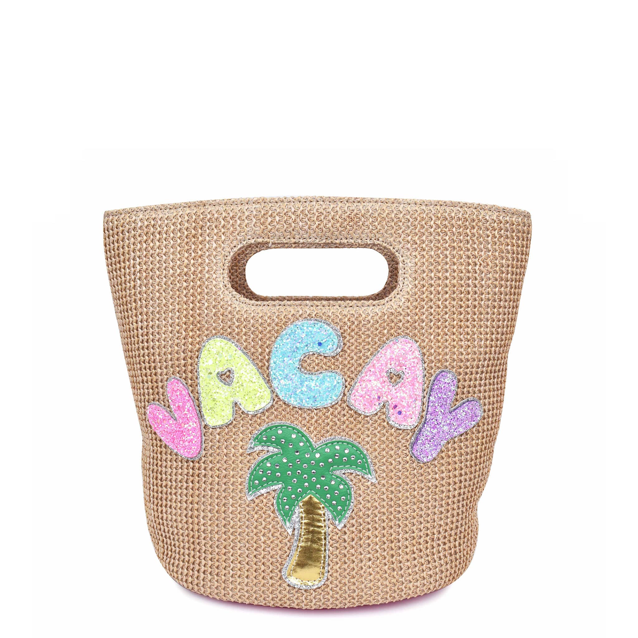 Woven bag with 'VACAY' and palm tree design on a white background