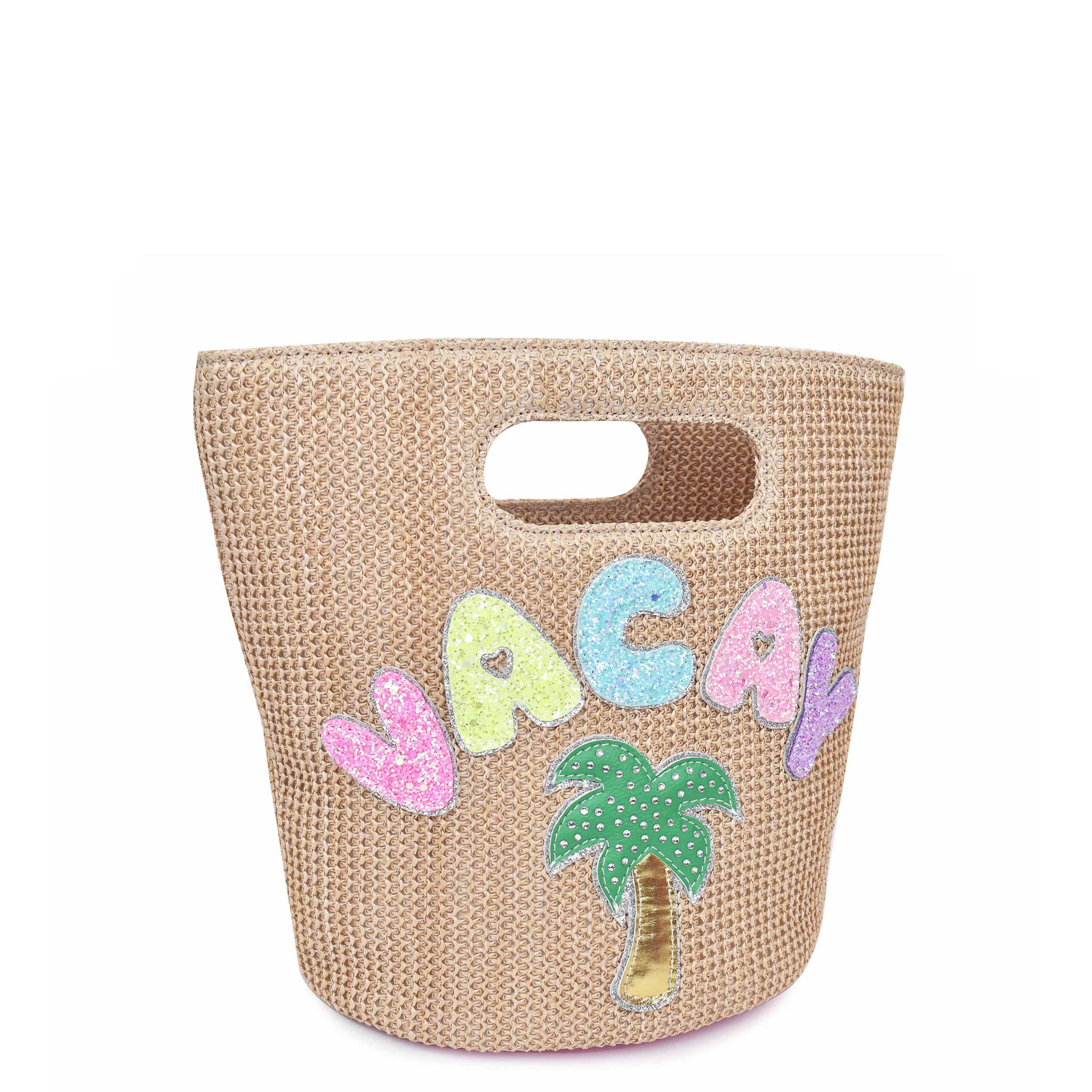 Woven bag with 'VACAY' and palm tree design on a white background