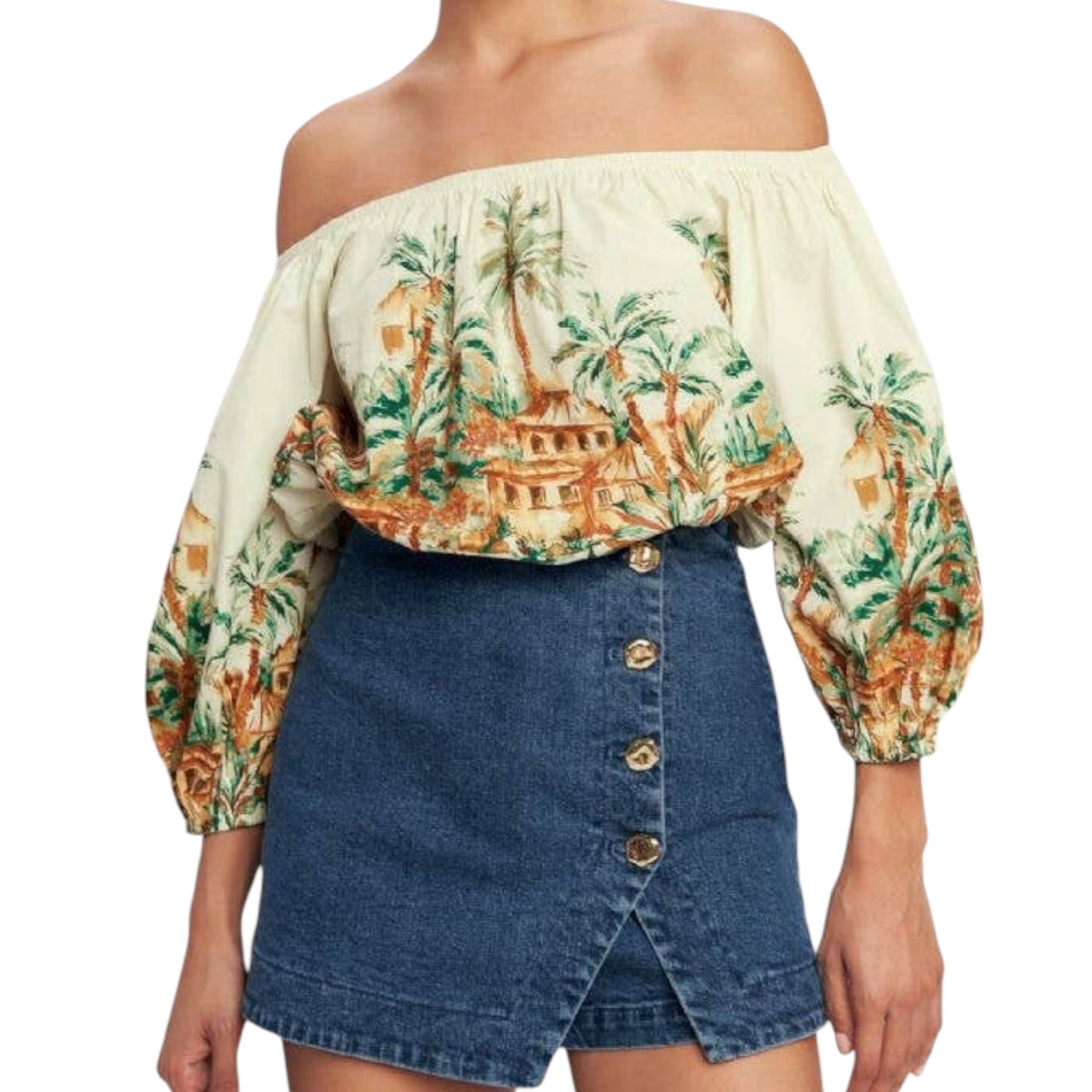 woman wearing denim skort with gold buttons on white background
