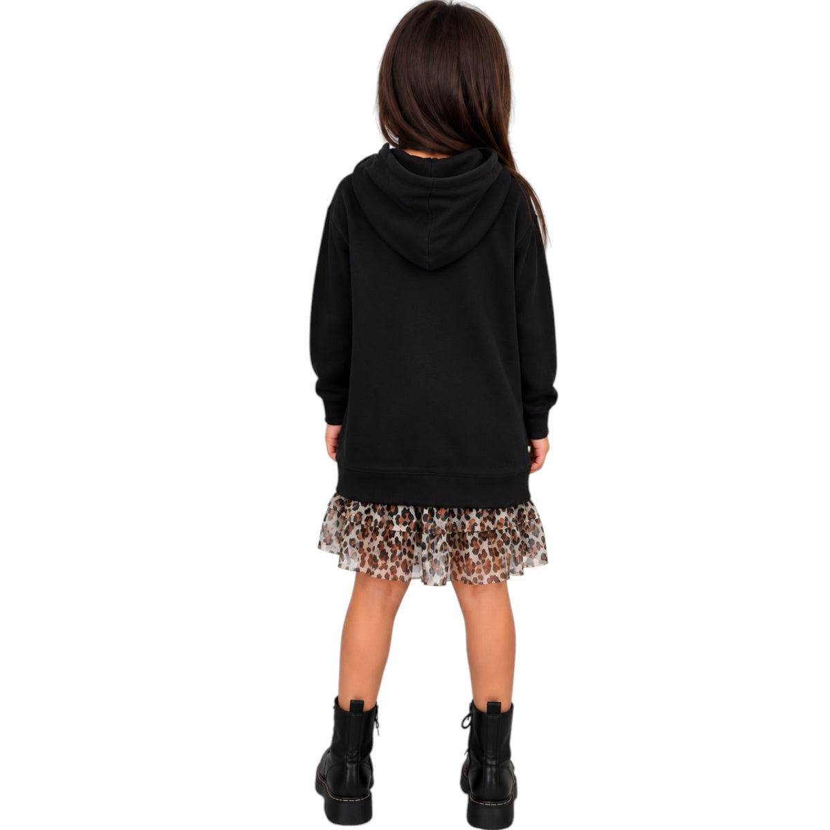 A child model shown from the back wearing a black oversized hoodie, a leopard-print ruffled mini skirt, and black platform ankle boots against a plain white background.