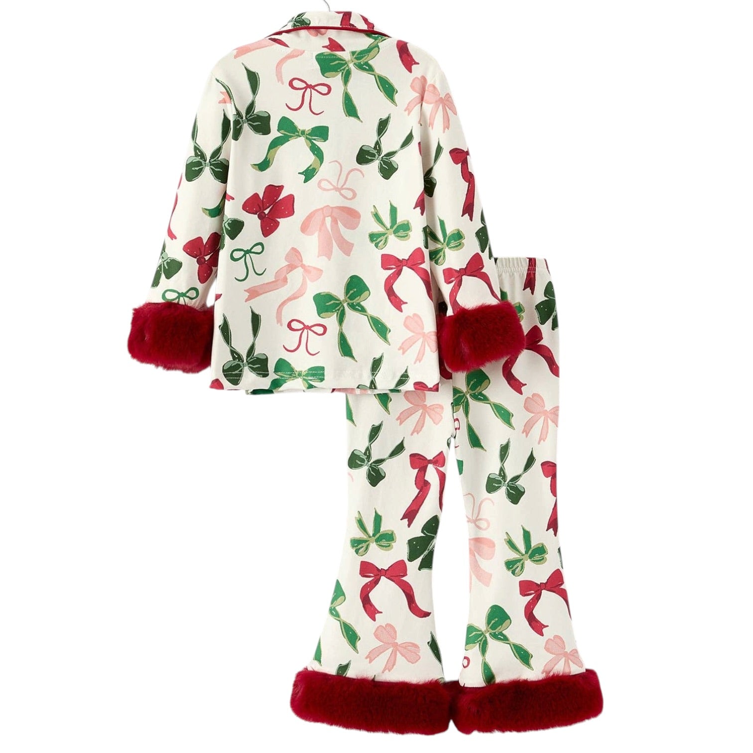 A two-piece pajama set featuring a long-sleeve button-up top and matching flared pants. The pajamas have an off-white background with a festive pattern of red and pink bows and green leaves, finished with plush red faux-fur trim on the cuffs and hems.