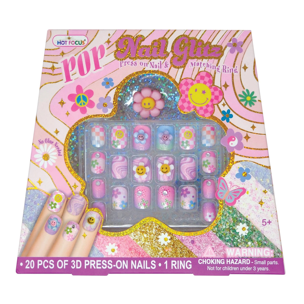 Hot Focus Pop Nail Glitz 3D press-on nail and matching ring set in its retail packaging, featuring pink, purple, and blue floral designs.
