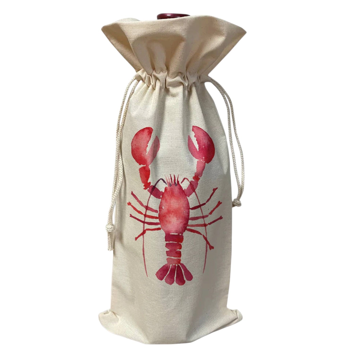 Beige drawstring bag with a red lobster design on a white background