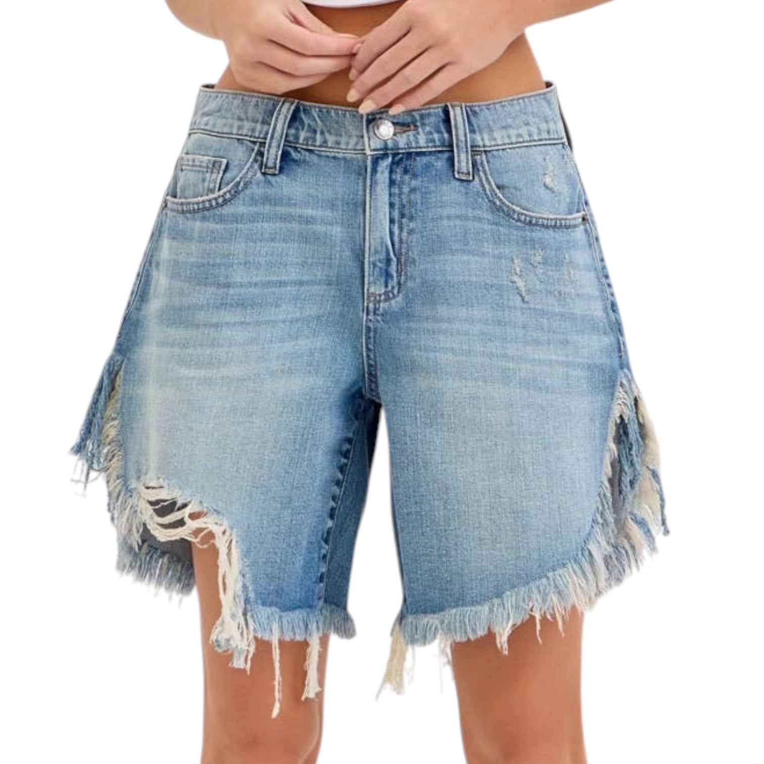 Denim shorts with frayed edges on a white background