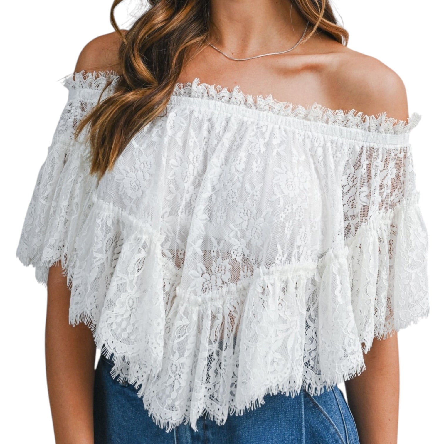 White lace off-shoulder top worn by a person on a white background