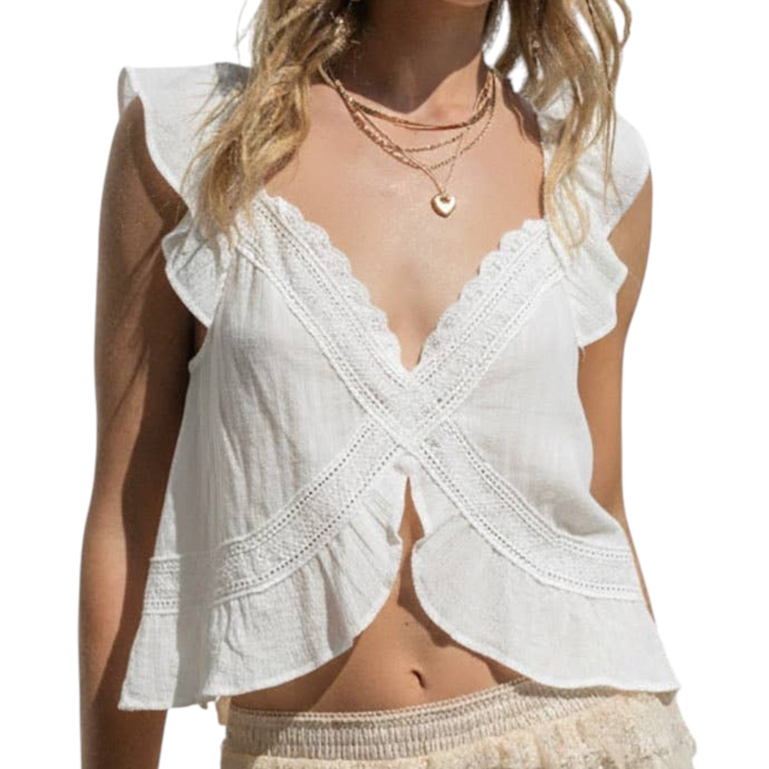 White lace top worn by a person on a white background