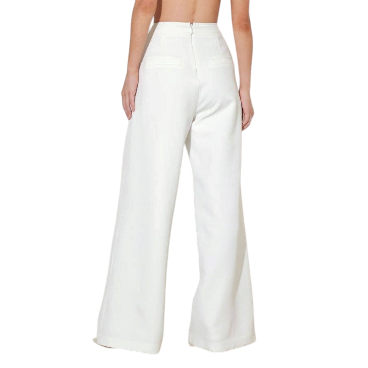 White wide-leg pants worn by a person on a white background