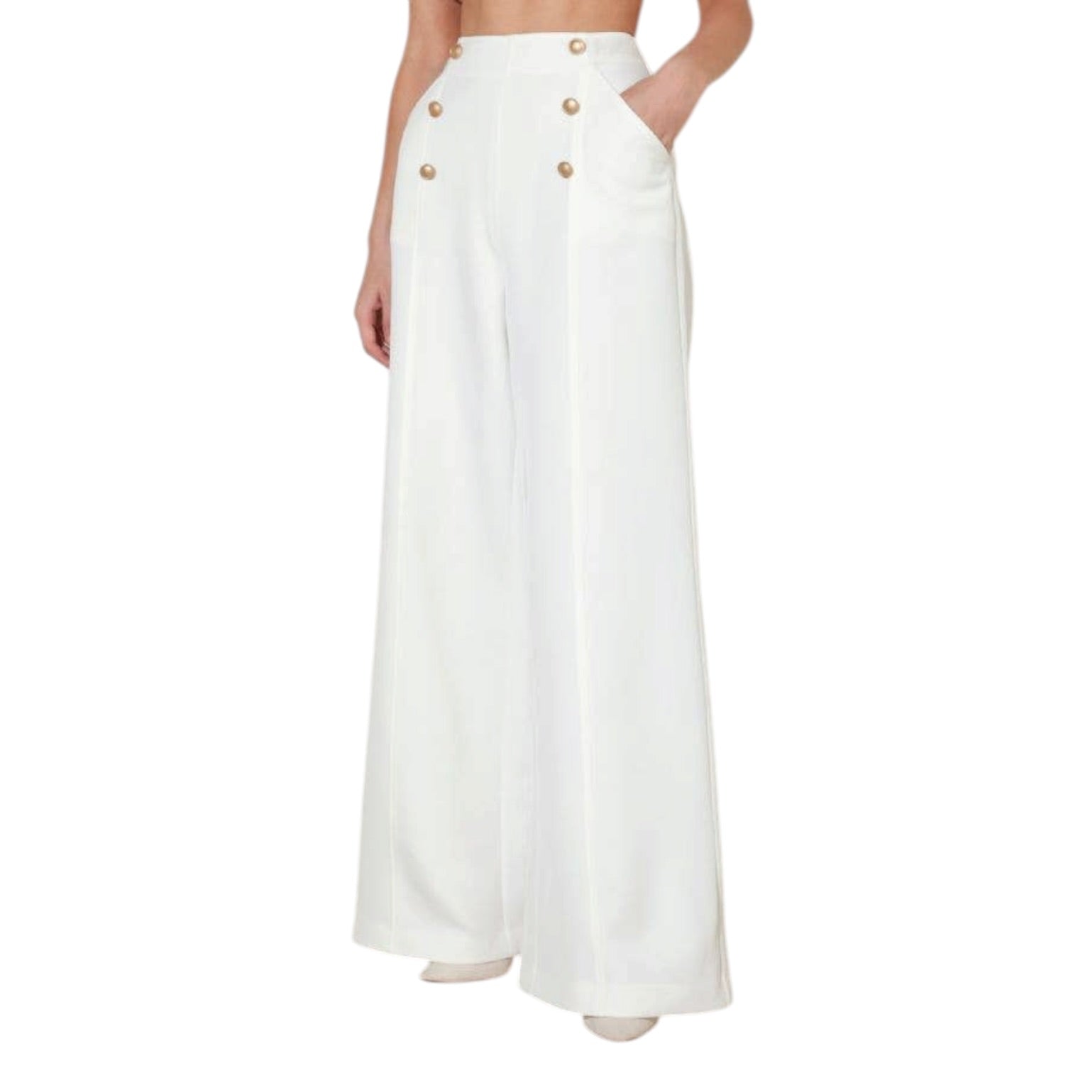 White wide-leg pants with gold buttons on a white background