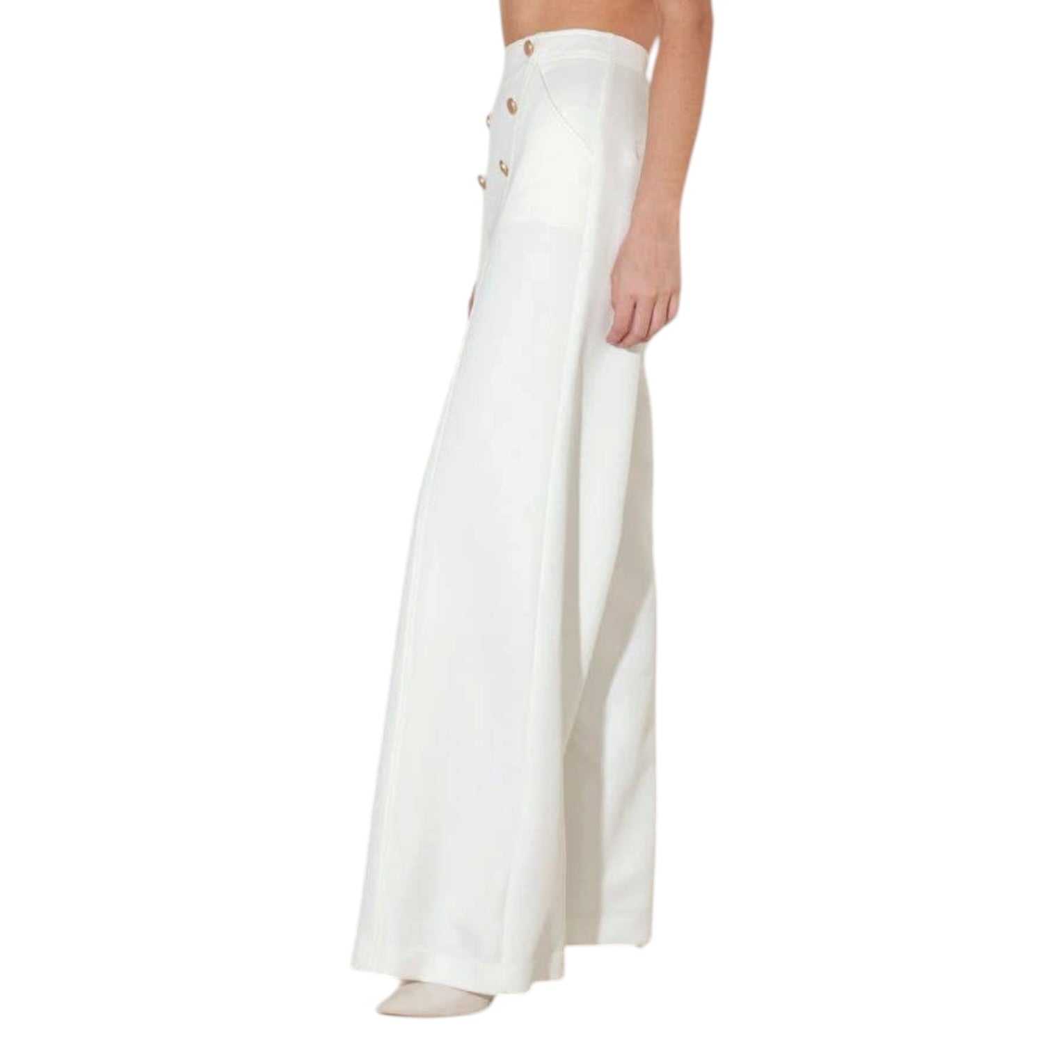 White wide-leg pants with button details on a white background