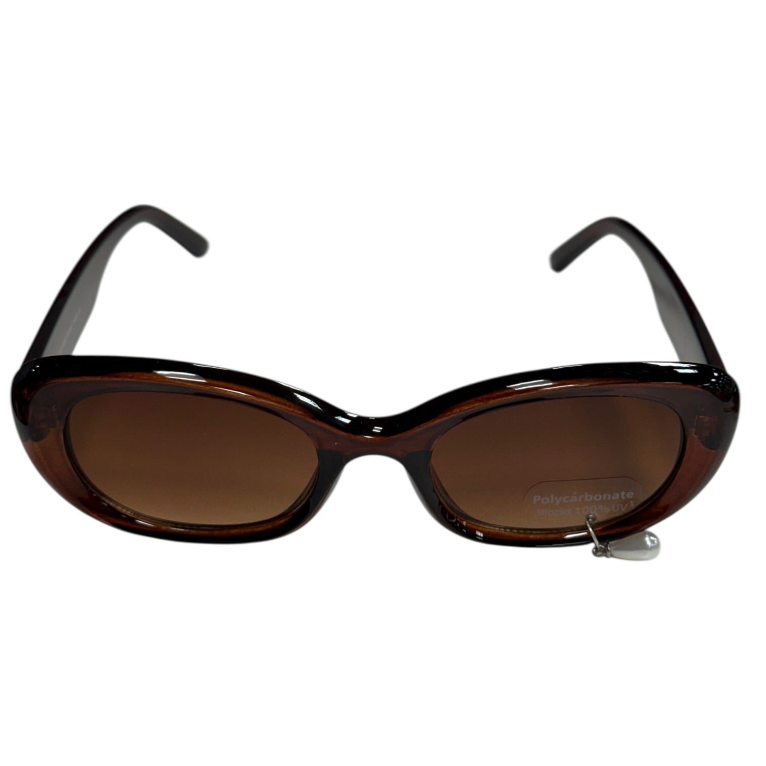 Brown sunglasses with a visible brand logo on a white background