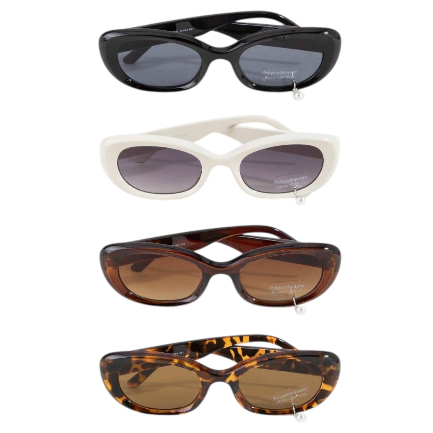 Four pairs of sunglasses with different frame colors and lenses on a white background.