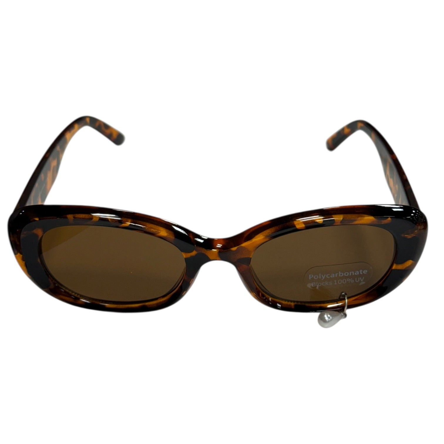 Sunglasses with tortoiseshell frame and dark lenses on a white background