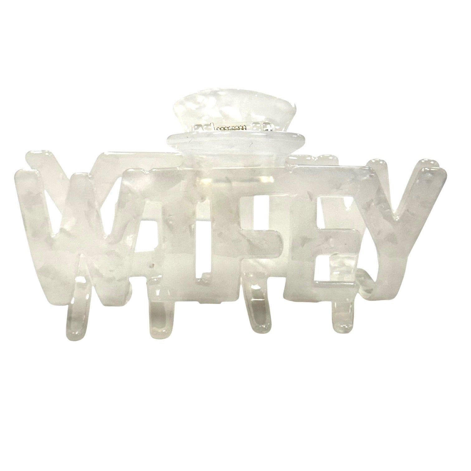 Clear plastic clip with 'WIFEY' text on a white background