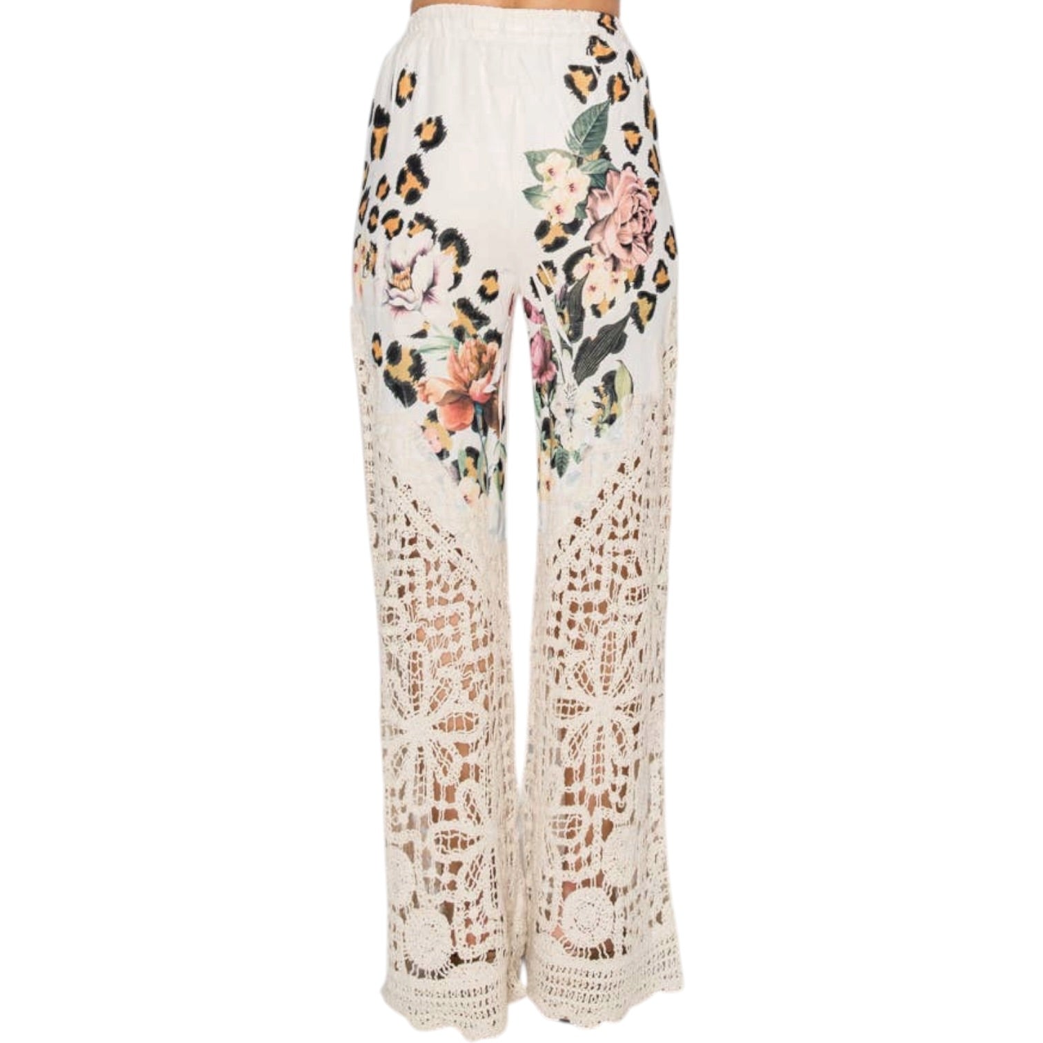 White lace pants with floral and leopard print accents on a white background