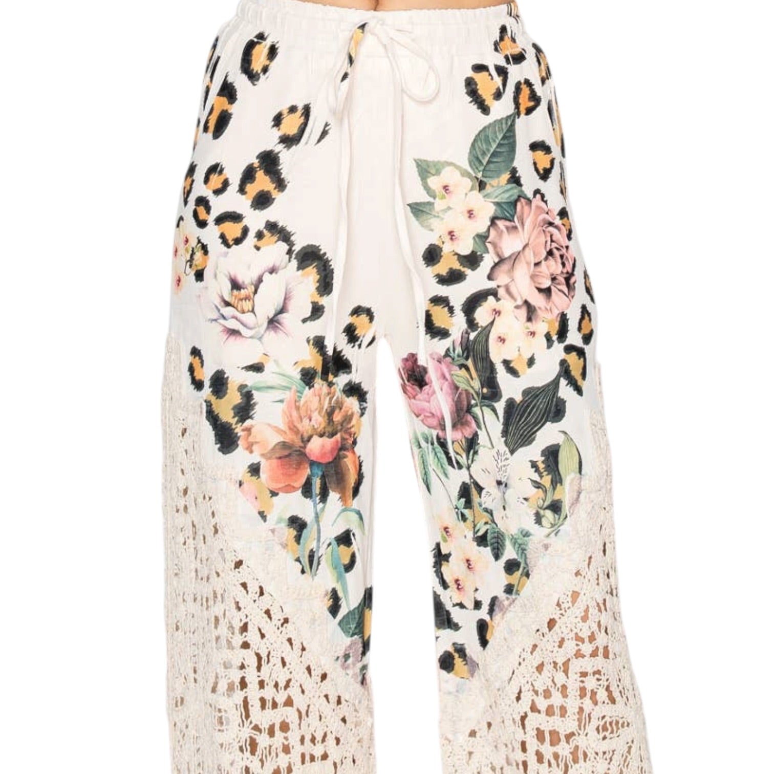 Pants with leopard print and floral design on a white background